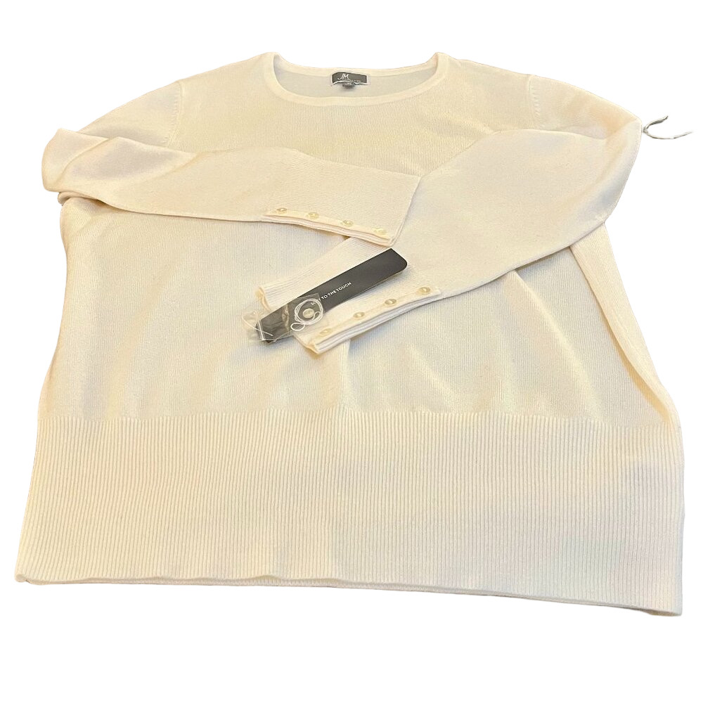 JM Collection XL Crewneck Sweater Winter White Button Cuff Machine wash NWT